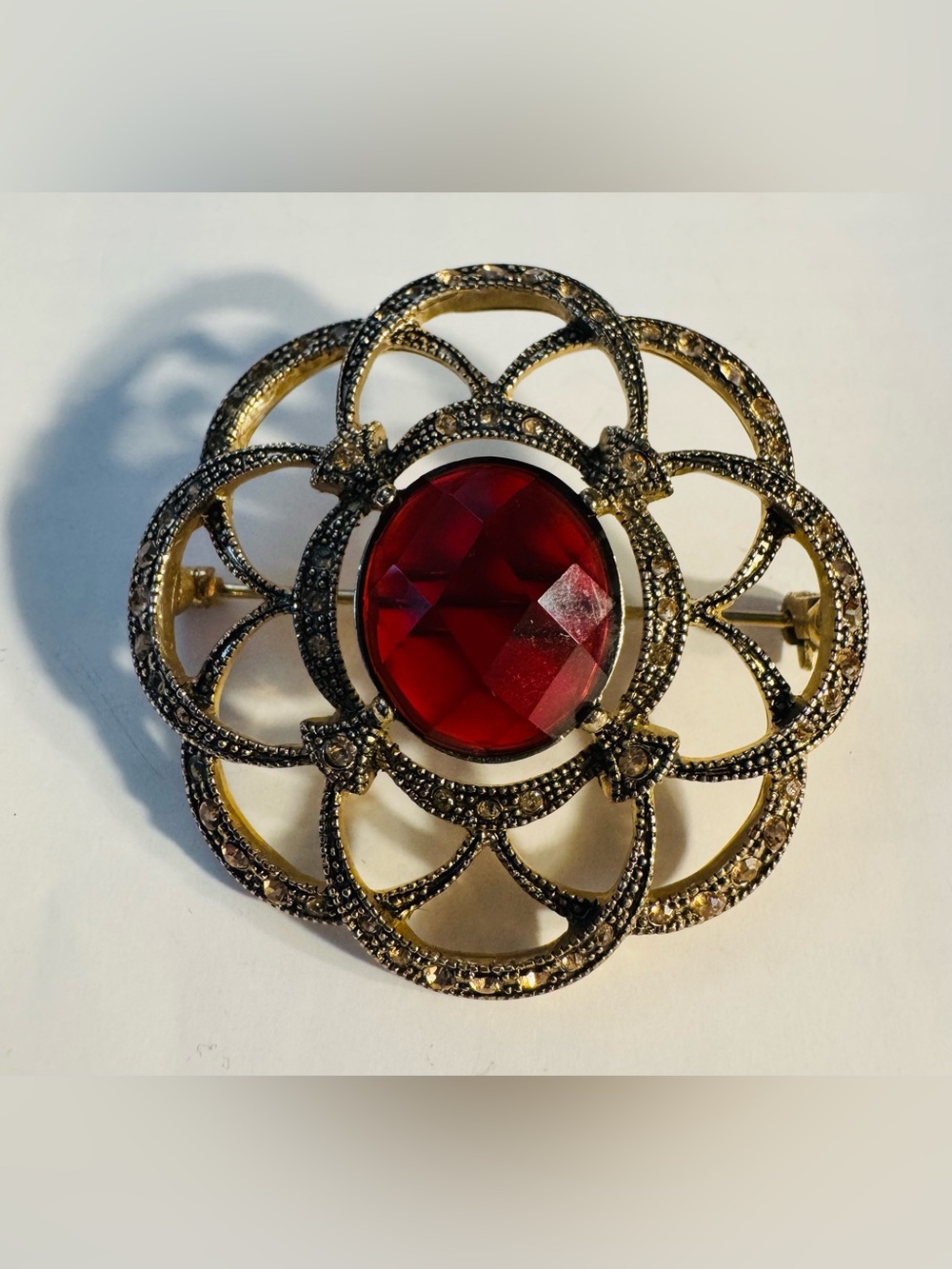 Monet red and amber rhinestone brooch vintage